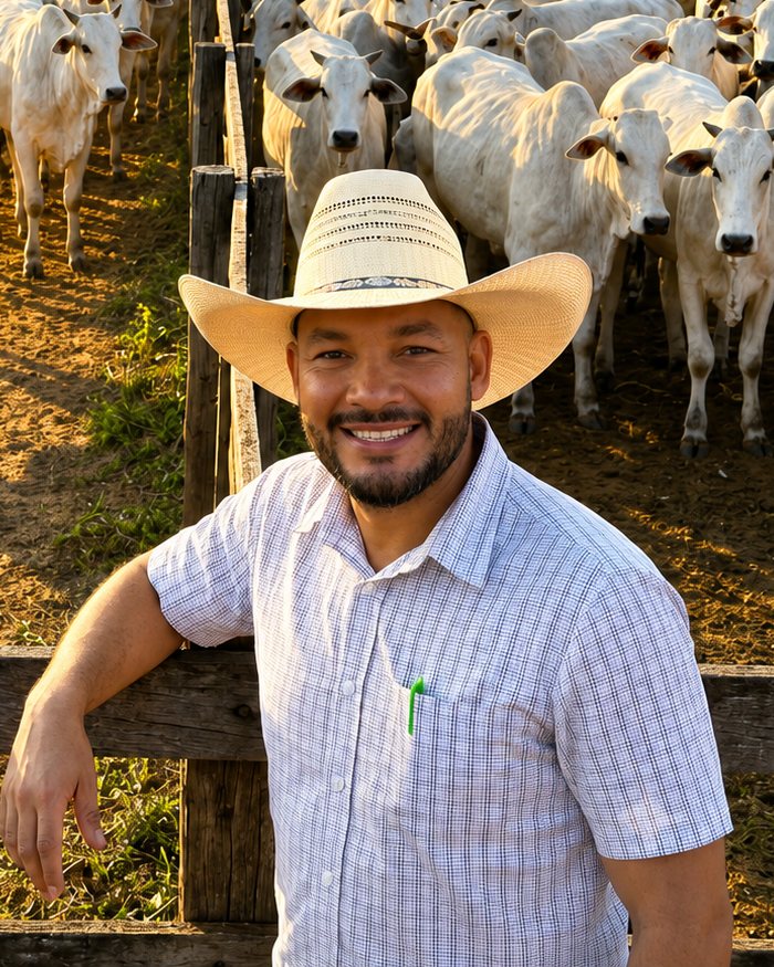 Devair Aguiar sorrindo, apoiado na porteira do curral com o rebanho Nelore ao fundo