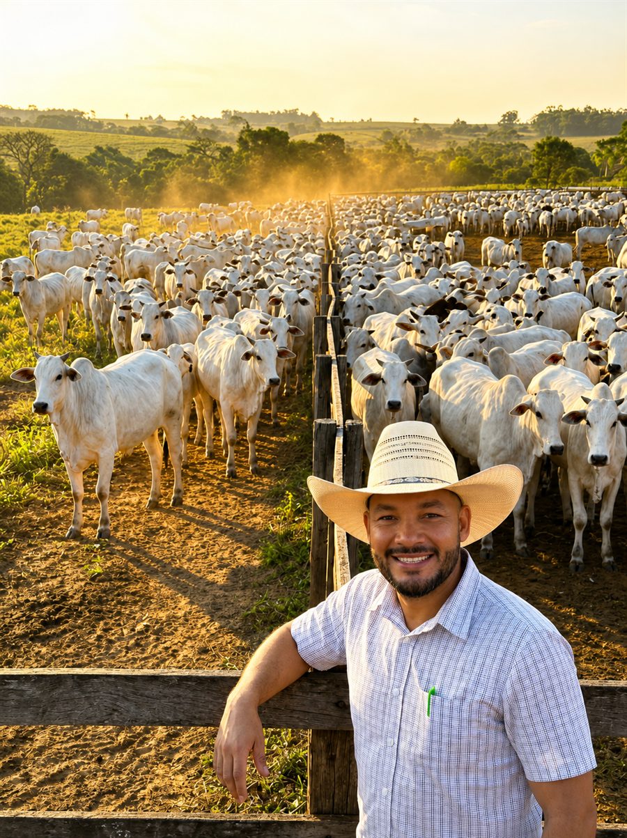 Devair Aguiar no curral ao entardecer, com o rebanho Nelore ao fundo